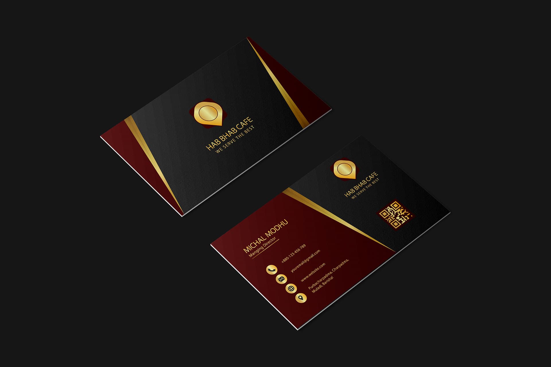 HAB BHAB CAFE — Premium Dark Roast & Gold Accent Cafe Business Card