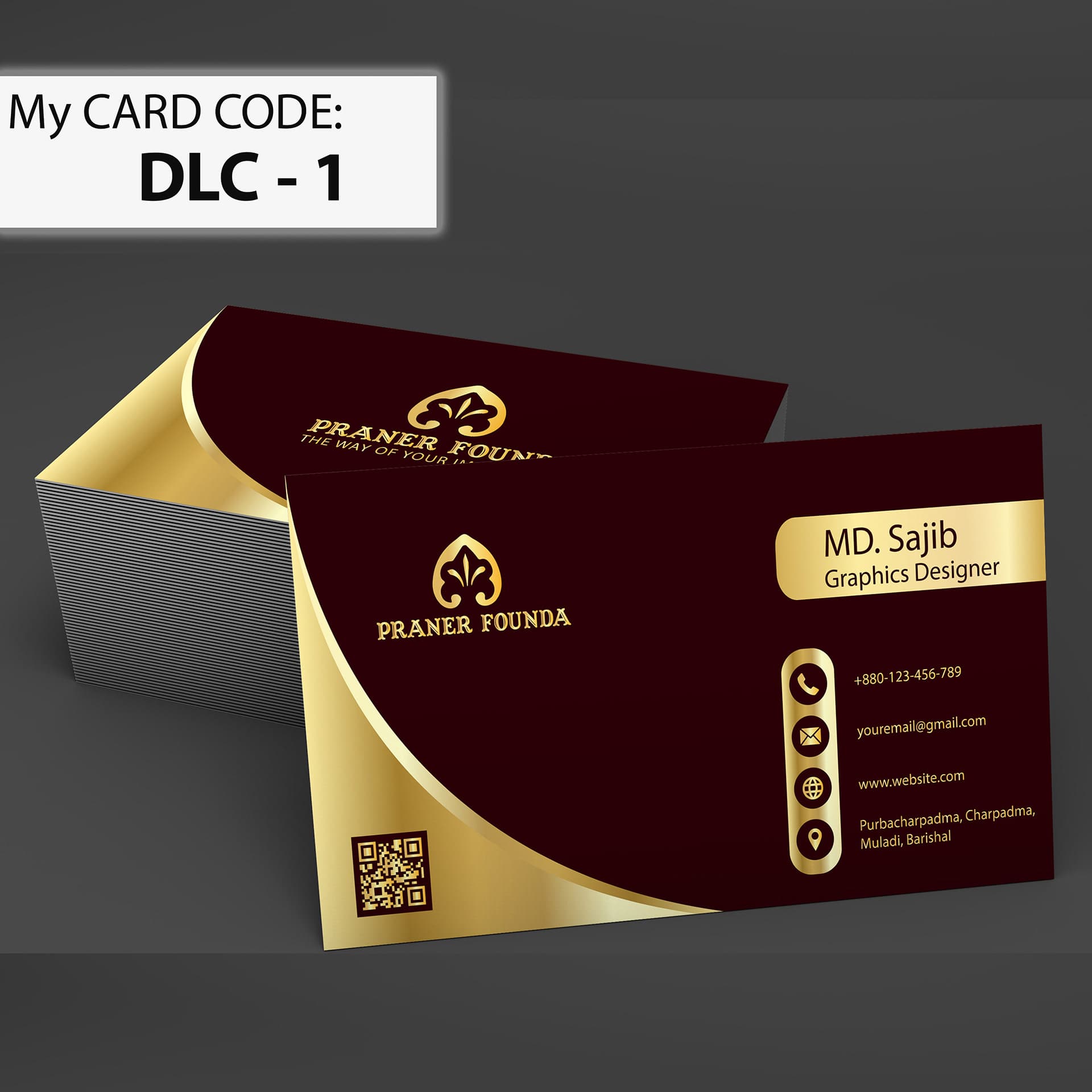 Praner Founda — Luxury Maroon & Gold Foil Business Card (DLC - 1)